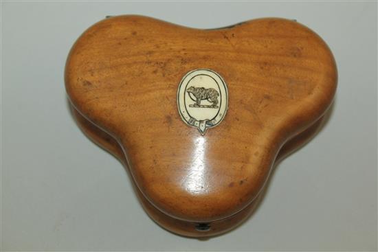 A 19th century fruitwood triform shaped gaming token box, 3.25in.